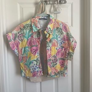 Zara button down shirt. Kind of floraly with fruits on there. Nice and bright